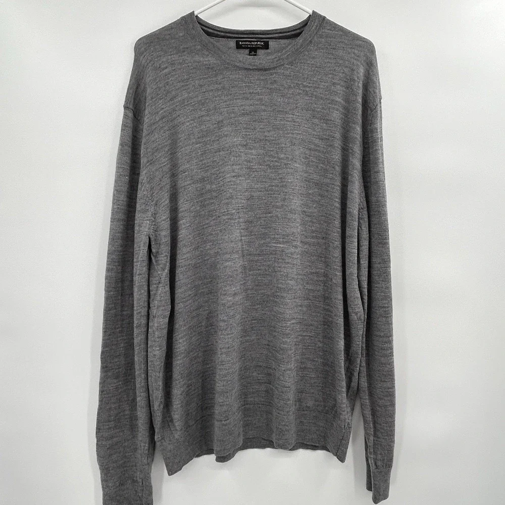 Banana Republic Mens Merino‎ Wool Crewneck Pullover Sweater Sz XL Gray Classic